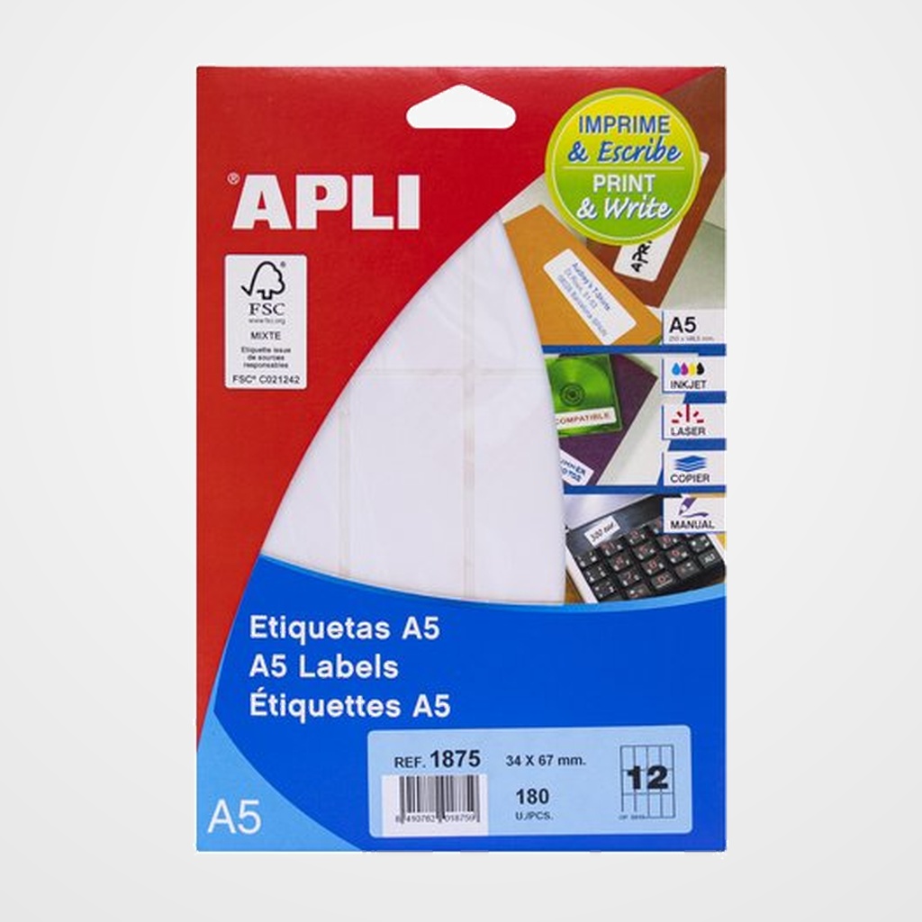 [18802228] ETIQUETAS ADH.IMPR.APLI A5 BLANCA C.ROMOS BLISTER 15h 34x67 mm 180 uds.(01875)