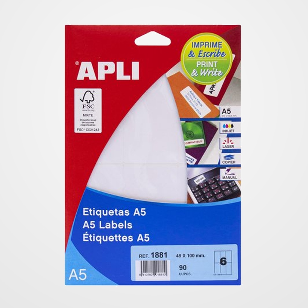 [40401259] ETIQUETAS ADH.IMPR.APLI A5 BLANCA C.ROMOS BLISTER 15h 49x100 mm 90 uds.(01881)