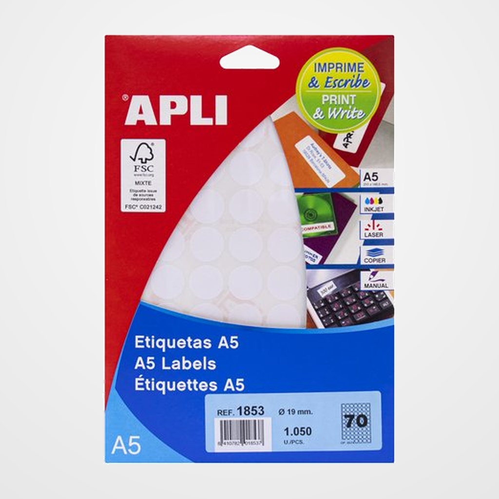 [18802212] ETIQUETAS ADH.IMPR.APLI A5 BLANCA REDONDA BLISTER 15h Ø 19 mm 1.050 uds.(01853)