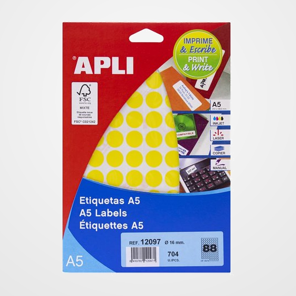 [18802281] ETIQUETAS ADH.IMPR.APLI A5 COLOR AMARILLO REDONDA BLISTER 8h Ø 16 mm 704 uds.(12097)