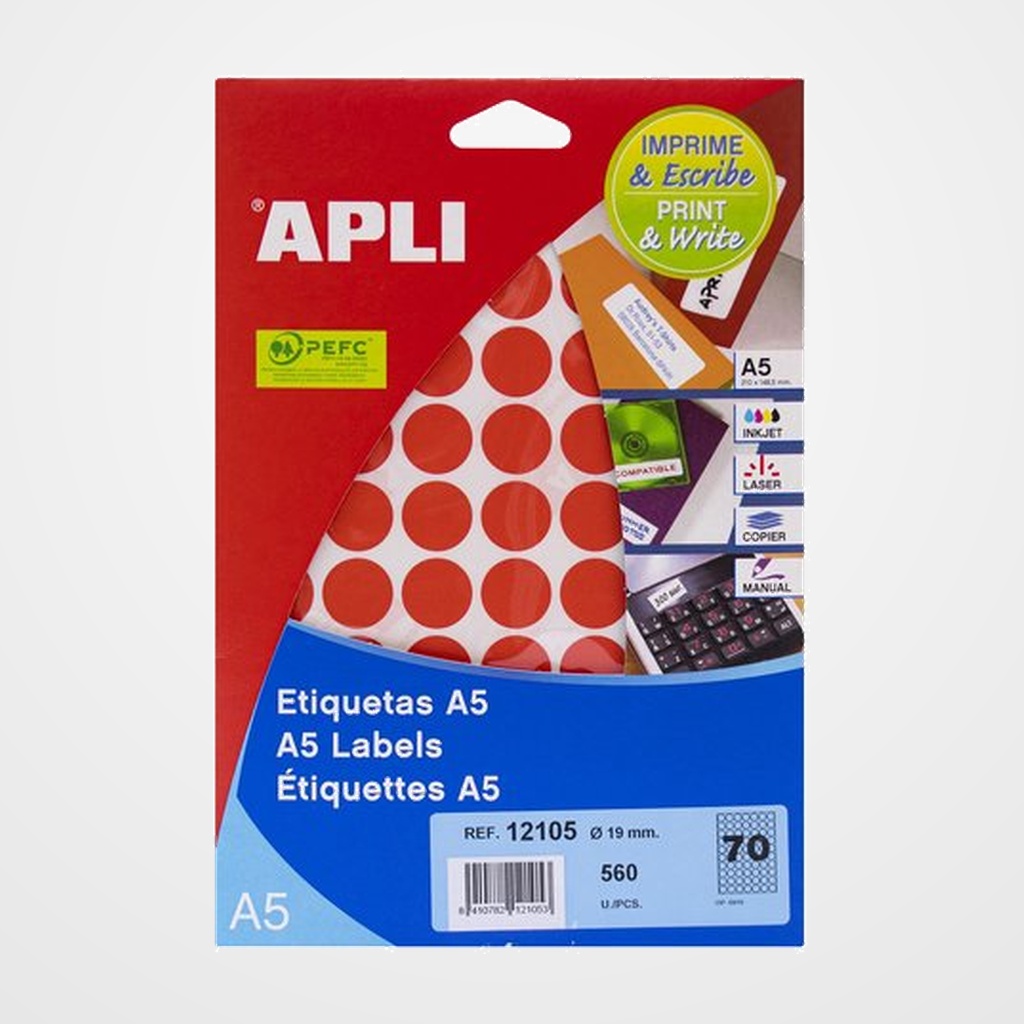 [40401556] ETIQUETAS ADH.IMPR.APLI A5 COLOR ROJO REDONDA BLISTER 8h Ø 19 mm 560 uds.(12105)