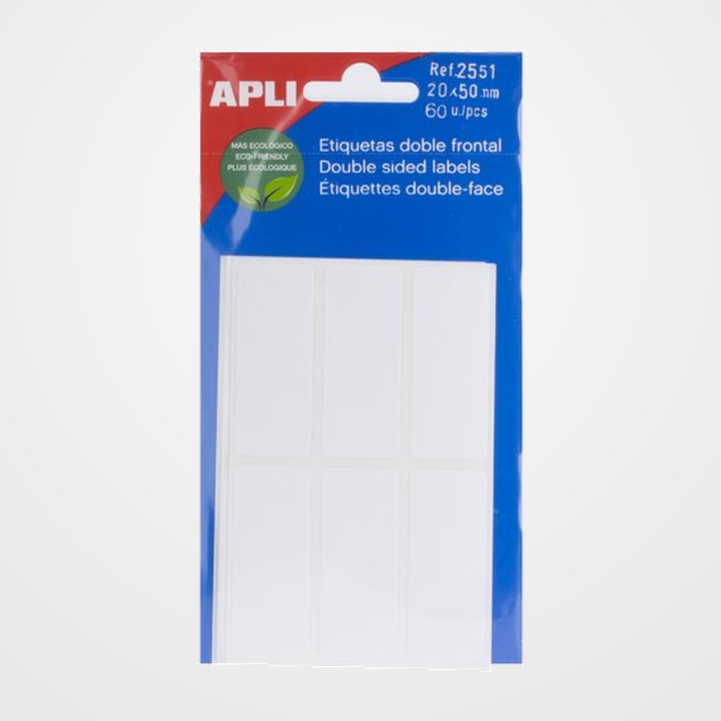 ETIQUETAS ADH.MANUALES BOLSA APLI DOBLE FRONTAL BLANCAS 5h 20x50 mm 60 uds.(02551)