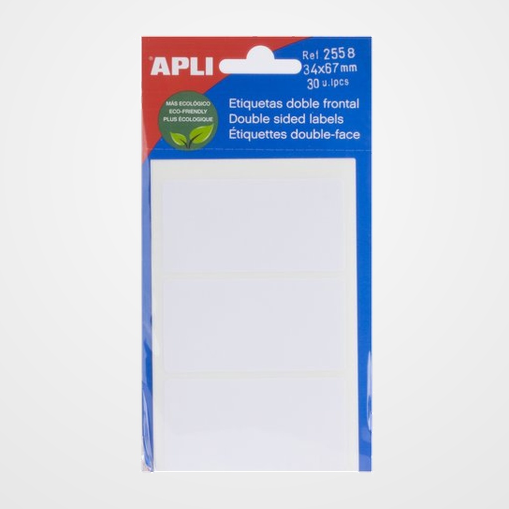 ETIQUETAS ADH.MANUALES BOLSA APLI DOBLE FRONTAL BLANCAS 5h 34x67 mm 30 uds.(02558)