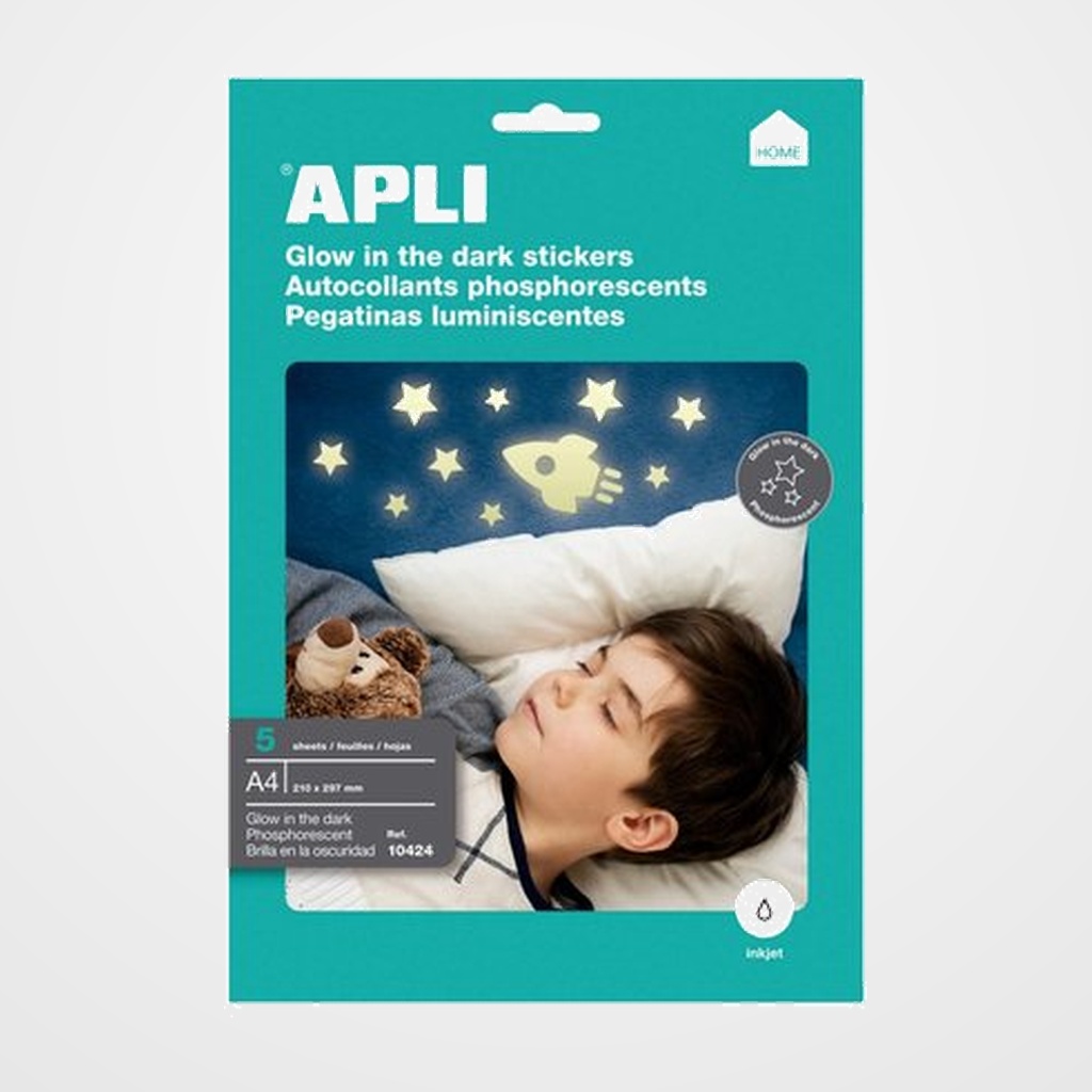 [40401305] ETIQUETAS APLI A4 QUE BRILLAN EN LA OSCURIDAD BOLSA DE 5