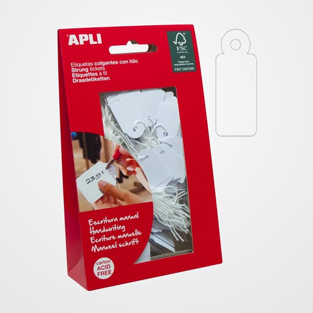 ETIQUETAS MANUALES COLGANTES con HILO APLI 13x34 mm BOLSA 200 uds. (07007)