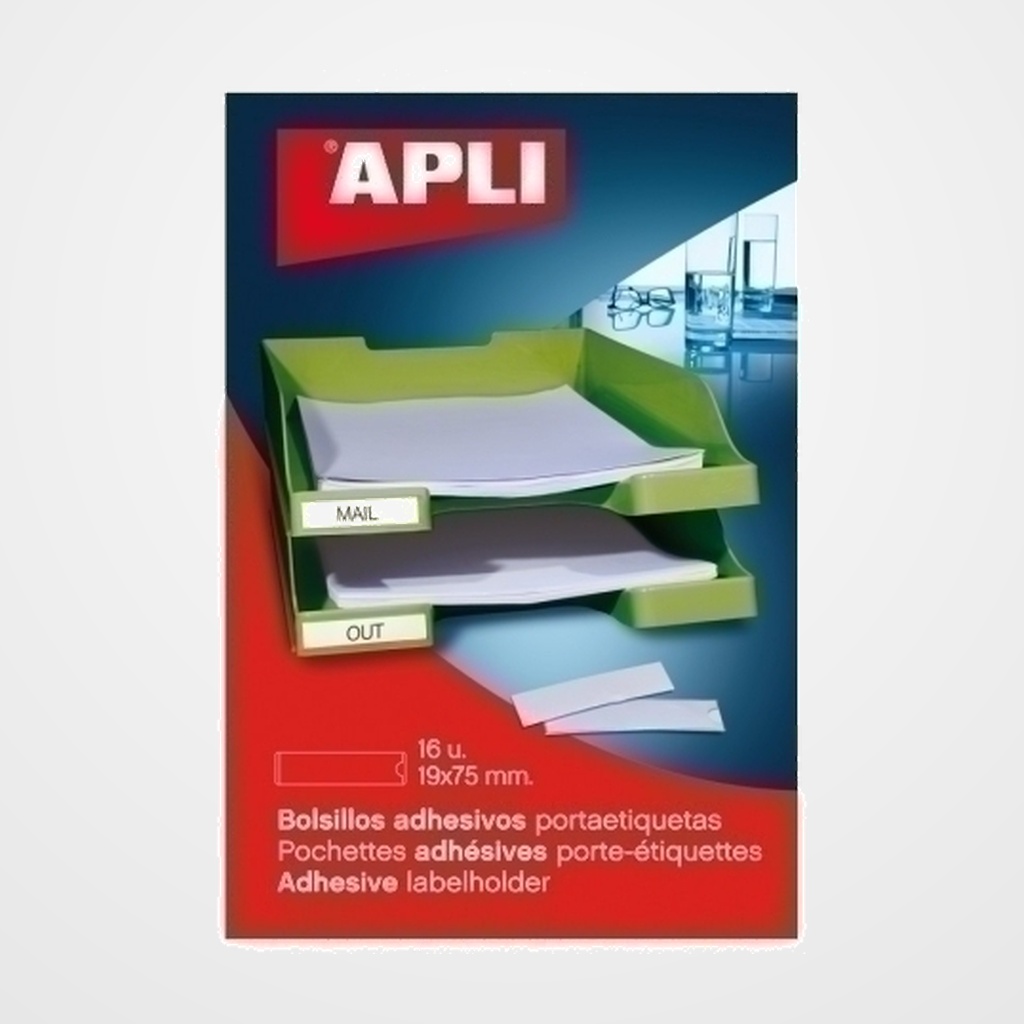 FUNDA ADHESIVA APLI  19x75mm BOLSILLO para ETIQUETAS PAQUETE de 16