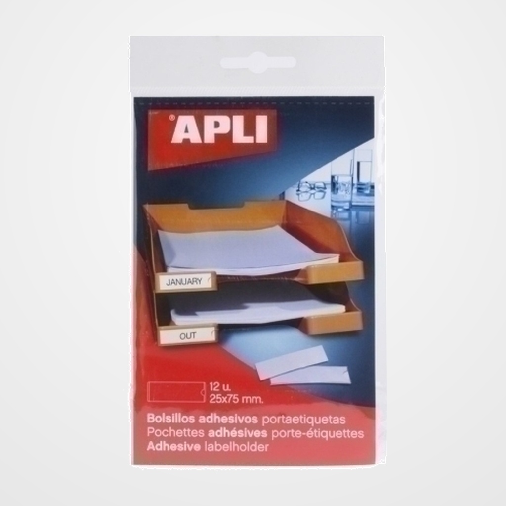 FUNDA ADHESIVA APLI  25x75mm BOLSILLO para ETIQUETAS PAQUETE de 12