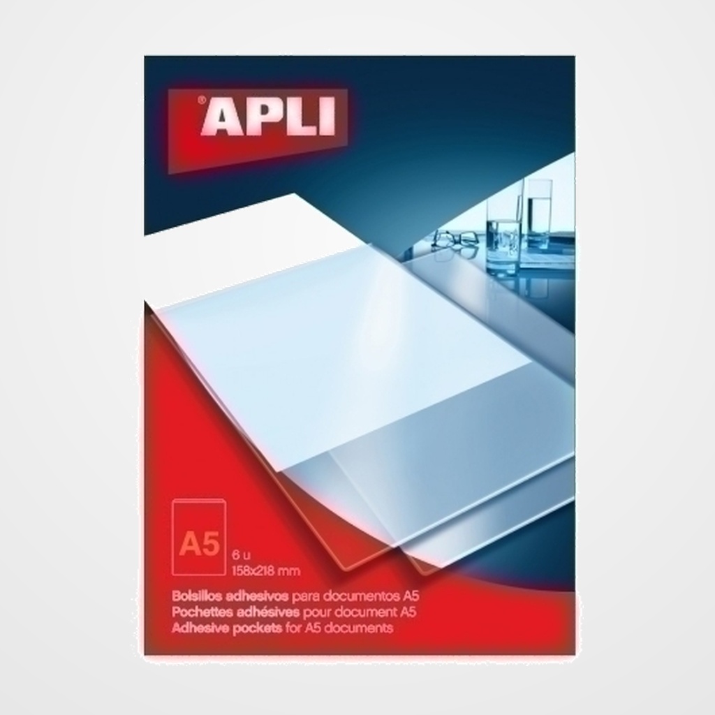 FUNDA ADHESIVA APLI A5 BOLSILLO PAQUETE de 6