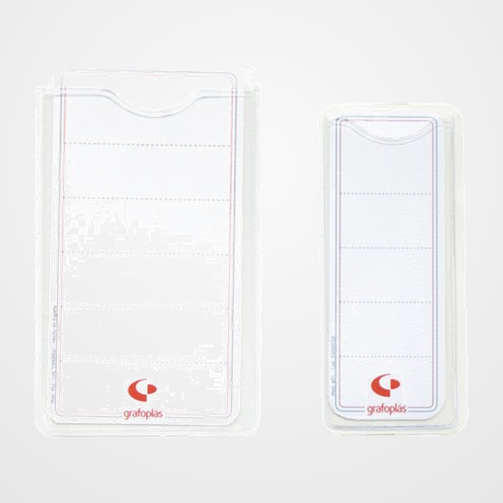 FUNDA TARJETERO GRAFOPLAS PVC 200µ VISOR ADHESIVO 55x90mm INCOLORO PAQUETE de 10