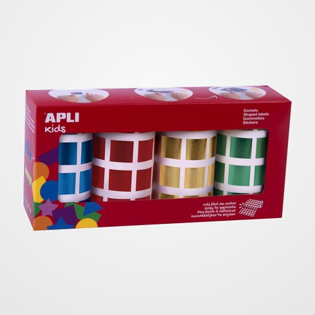 GOMETS APLI METALIZADOS ROLLO CUADRADO 20 mm 5640 Uds. SURTIDO PACK de 4 rollos (azul, rojo, oro y verde) (18327)