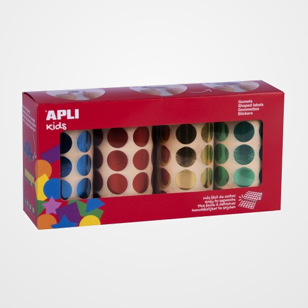 [18801665] GOMETS APLI METALIZADOS ROLLO REDONDO Ø 20 mm 5640 Uds. SURTIDO PACK de 4 rollos (azul, rojo, oro y verde) (102410)