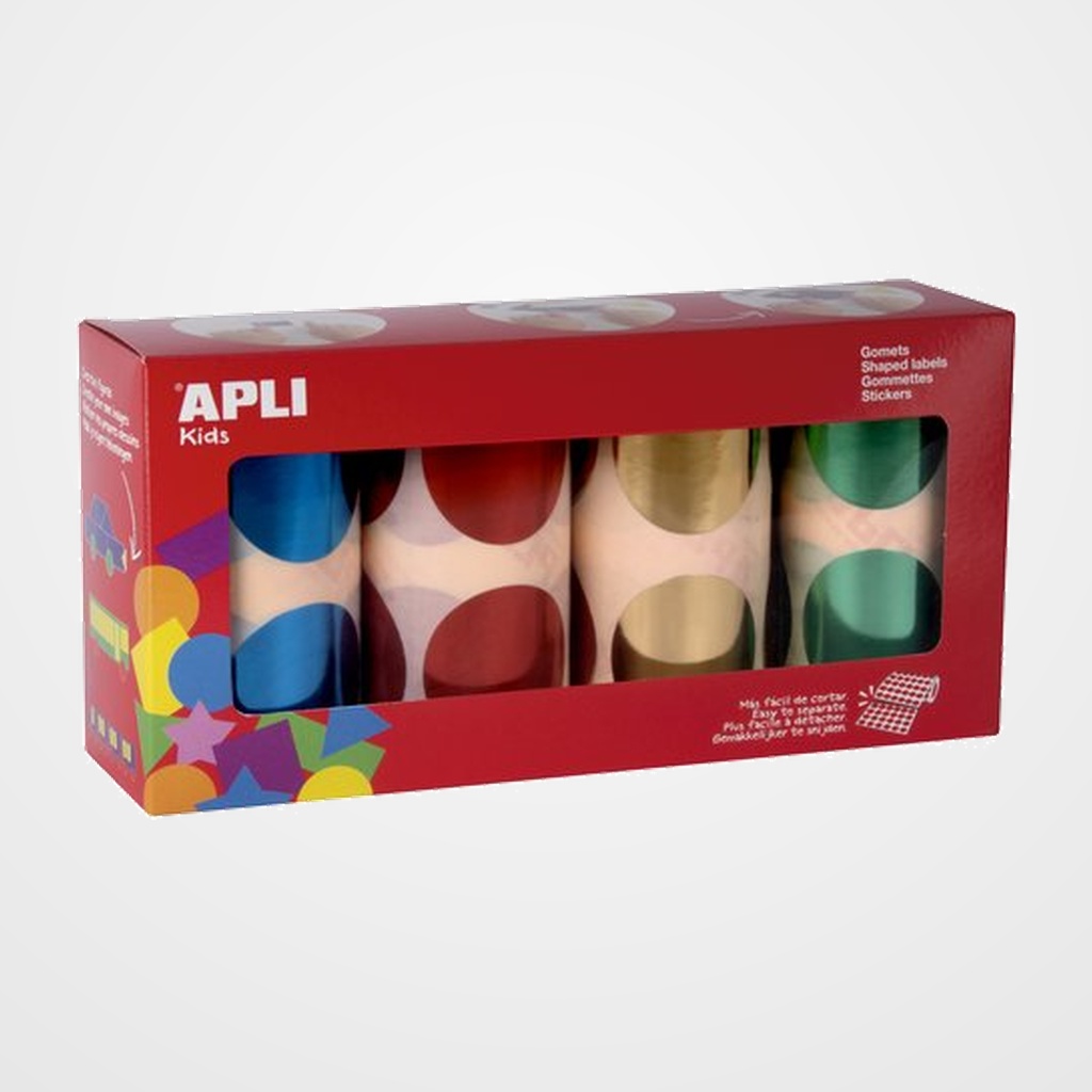 GOMETS APLI METALIZADOS ROLLO REDONDO Ø 45 mm 1128 Uds. SURTIDO PACK de 4 rollos (azul, rojo, oro y verde) (18303)