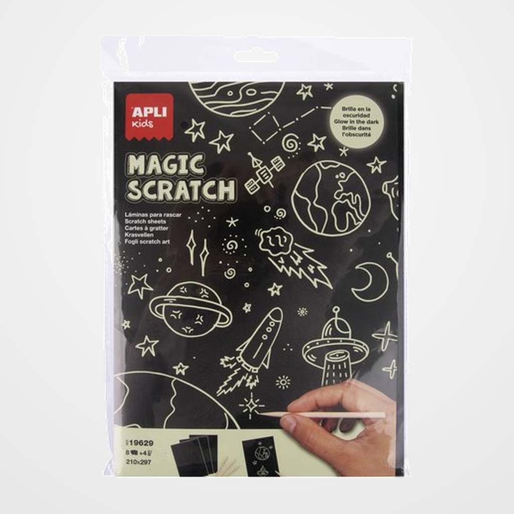 [25201983] LAMINA APLI RASCAR MAGIC SCRATCH BRILLA EN LA OSCURIDAD BOLSA DE 8 (+4 años)