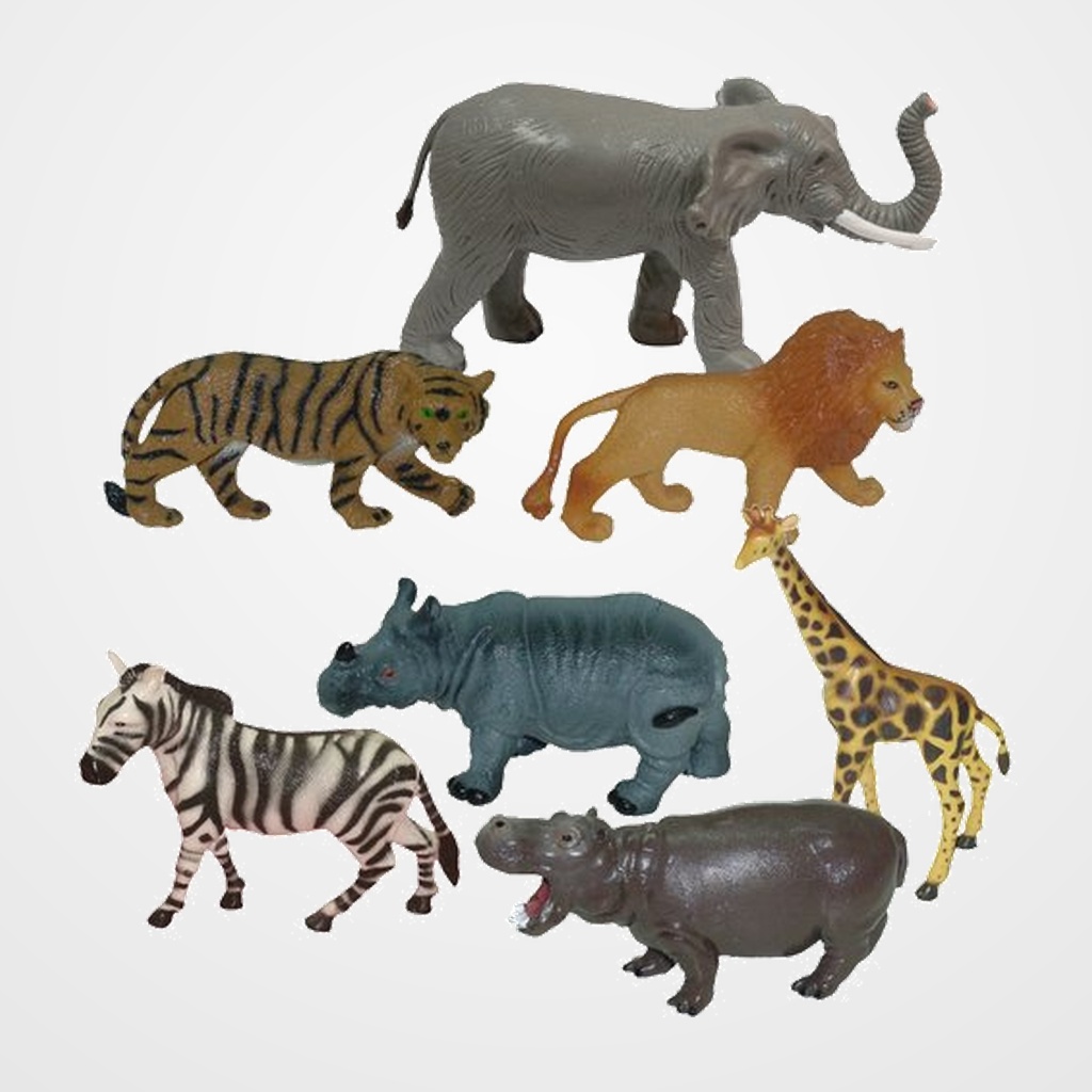 BOTE CON ASA 7 FIGURAS ANIMALES DE LA SELVA