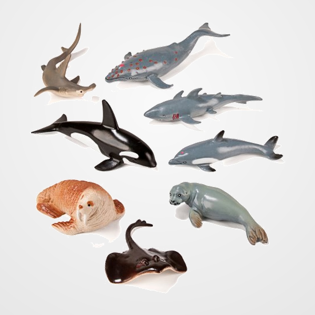 BOTE CON ASA 8 FIGURAS ANIMALES MARINOS + GUIA DIDACTICA