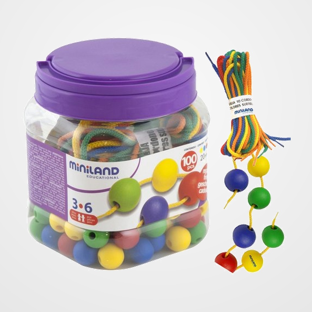 BOTE DE 100 BOLAS ENSARTABLES DE 20mm + 10 CORDONES 1m