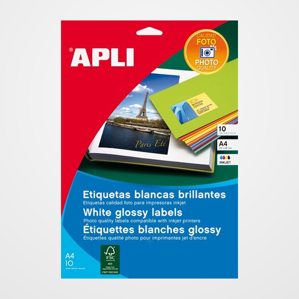 [40301145] PAPEL INKJET FOTO ADHESIVO APLI 9x13 10h A4 de 4 etiq. GLOSSY