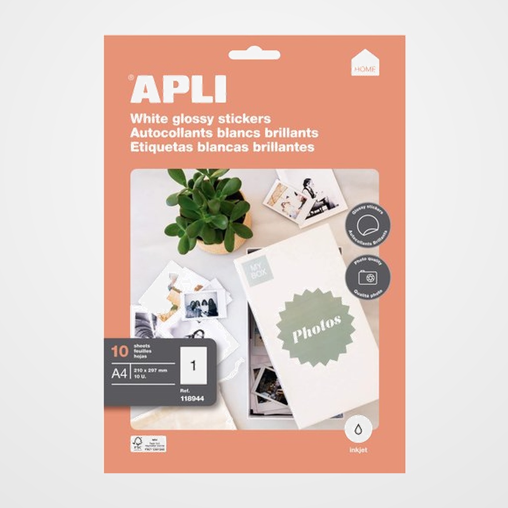 [12701496] PAPEL INKJET FOTO ETIQUETA ADHESIVA BLANCA APLI 210x297 10h A4 de 1 etiqueta por hoja. GLOSSY