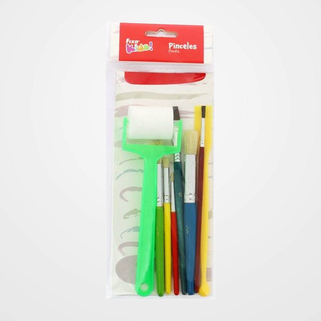 PINCEL COLORES FIXOKIDS pelo SINTETICO INFANTIL SET de 6 (incluye rodillo de espuma y espátula)