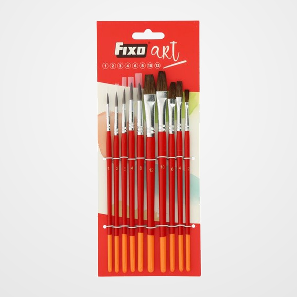 PINCEL FIXOART pelo SINTETICO REDONDO Y PLANO SET de 10 (Nº 1-2-3-4-8-12-10-6-4-2)