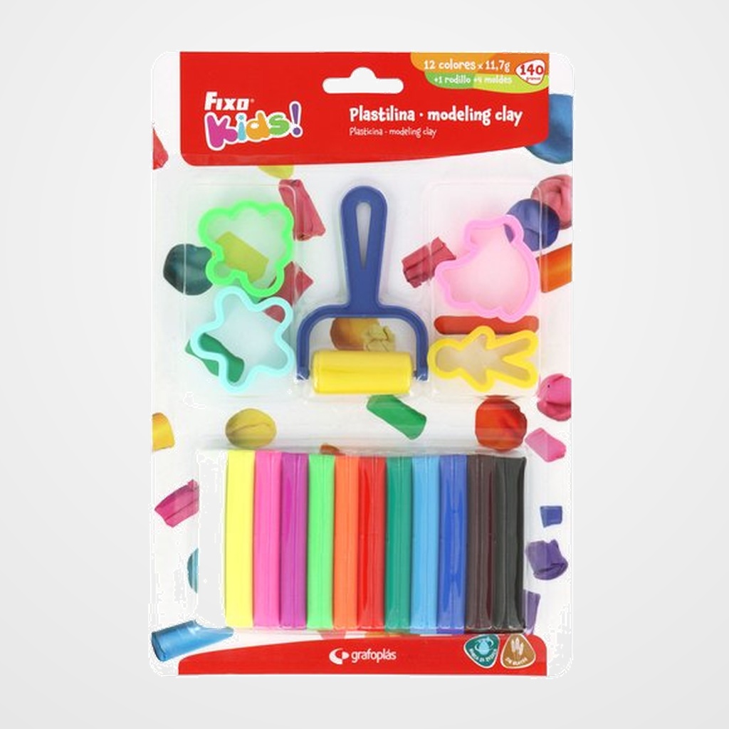 [24101588] PLASTILINA FIXO KIDS BARRA 11,7gr. SET (12 barras plastilina + 4 moldes + 1 rodillo)