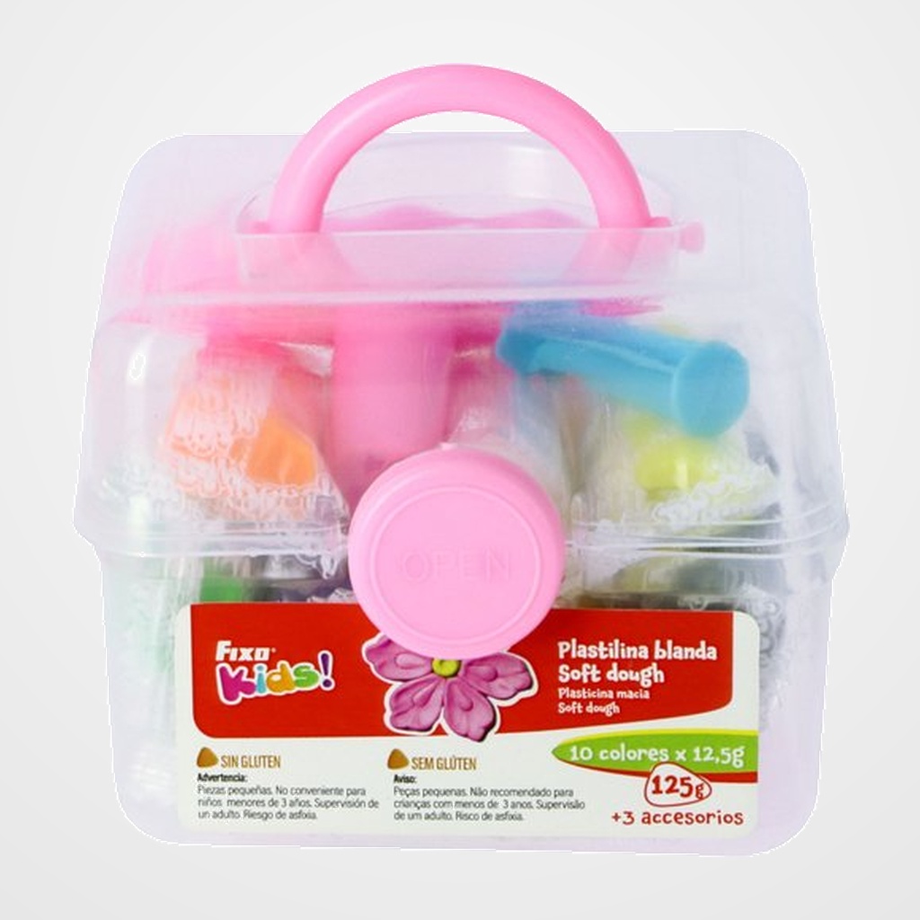 PLASTILINA FIXO KIDS SOFT DOUGH JUEGO COFRE ROSA SURTIDO (10 barras plastilina + 3 accesorios)