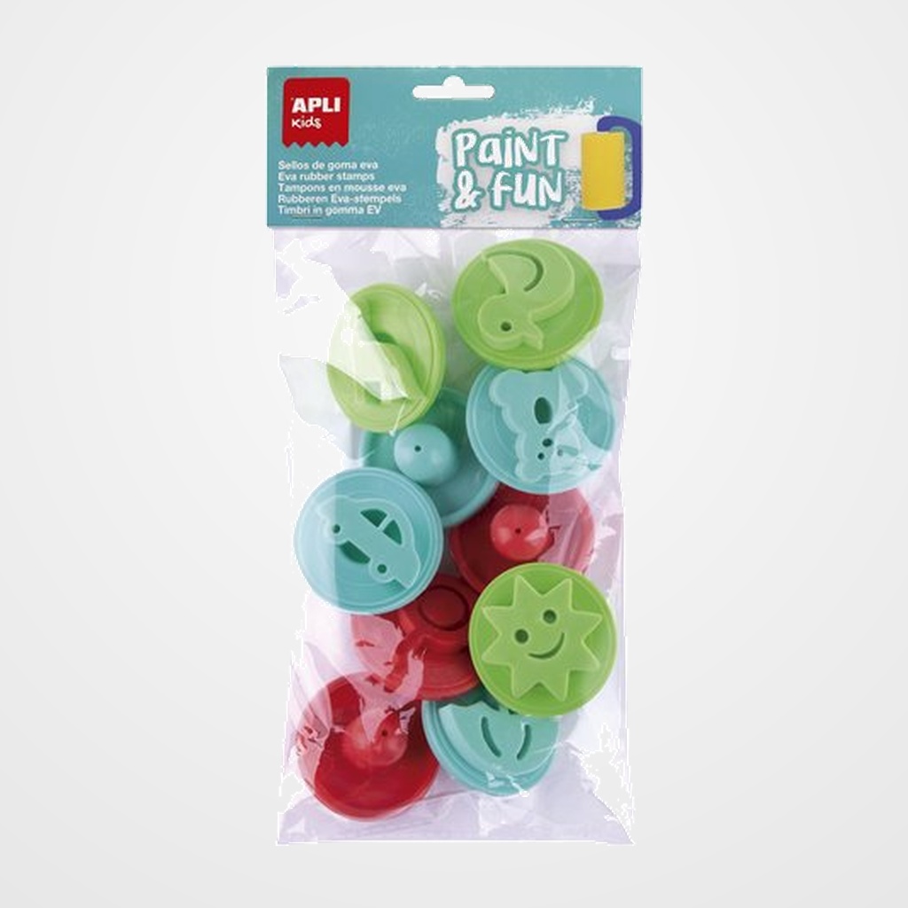 SELLOS APLI DE GOMA EVA CON MANGO DE PLASTICO SURTIDOS BOLSA de 10