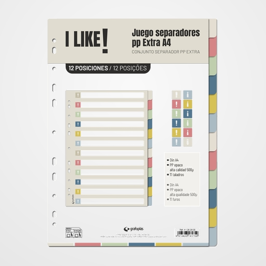 [20401242] SEPARADORES GRAFOPLAS PP LIKE 3 OPACO A4 12 pestañas 11 taladros