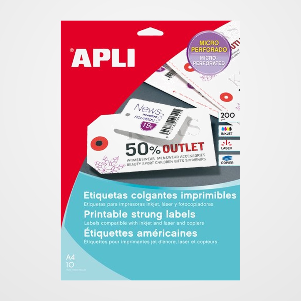 [27301020] TARJETAS COLGANTES APLI para IMPRESORA MICROPERFORADA 200g 98x57mm con ARANDELA BLISTER 10h 100 uds.(10149)