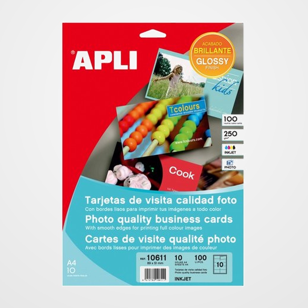 [27301003] TARJETAS de VISITA APLI para IMPRESORA BORDES LISOS C.RECTOS 250g FOTO 89x51mm BLISTER 10h 100 uds.(10611)