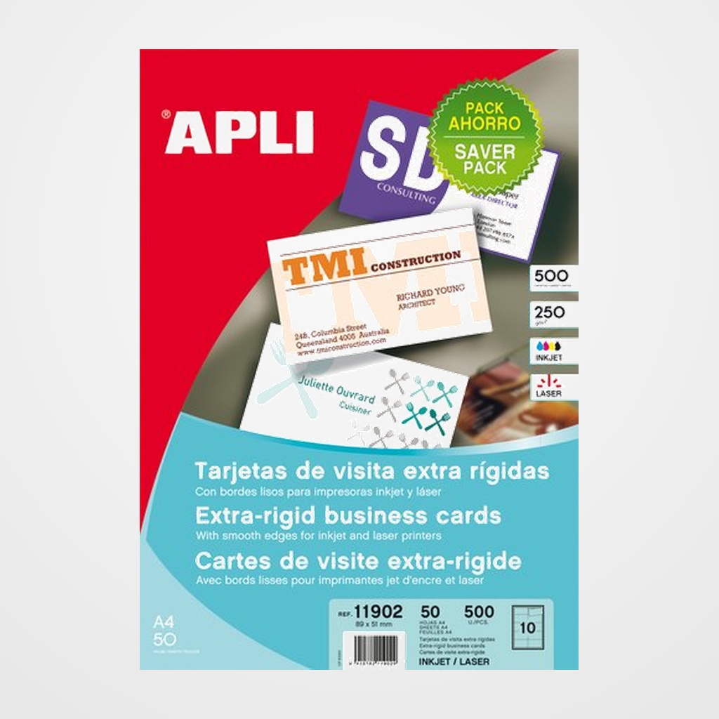 TARJETAS de VISITA APLI para IMPRESORA BORDES LISOS C.RECTOS 250g MATE 89x51mm CAJA 50h 500 uds.(11902)