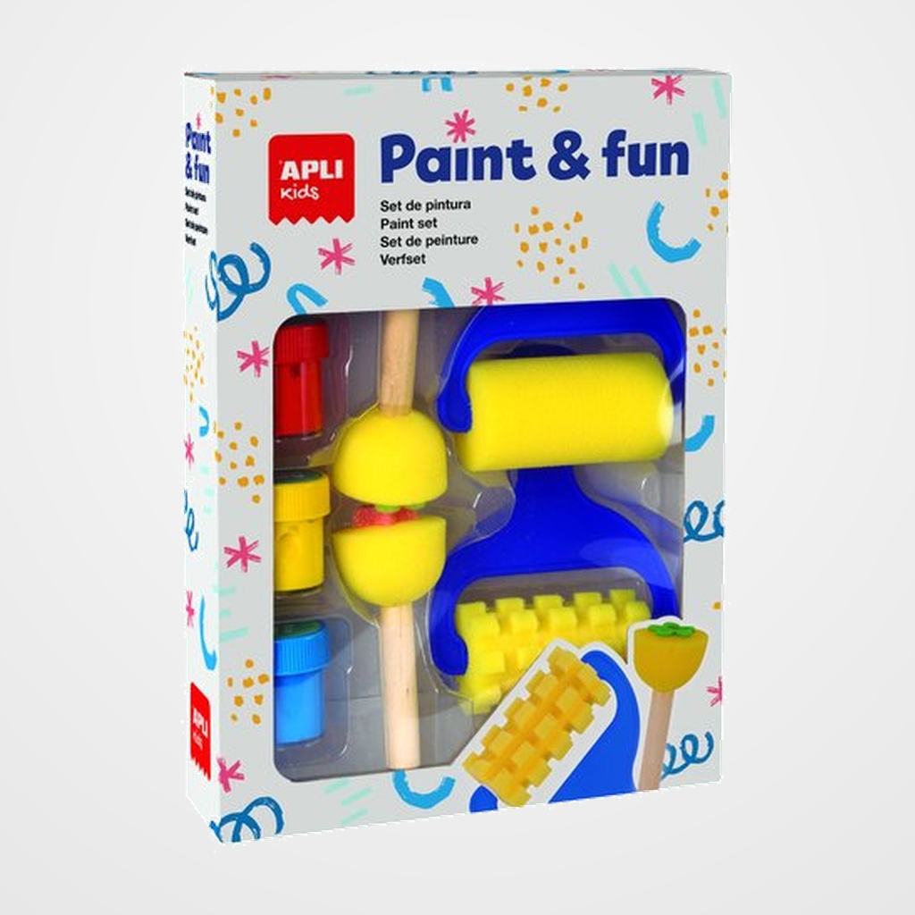 [27401747] TEMPERA APLI SET DE PINTURAS Y RODILLOS  3x BOTES TEMPERA (AMARILLO, AZUL Y ROJO) 2x RODILLOS DE ESPONJA 2x SELLOS DE ESPONJA