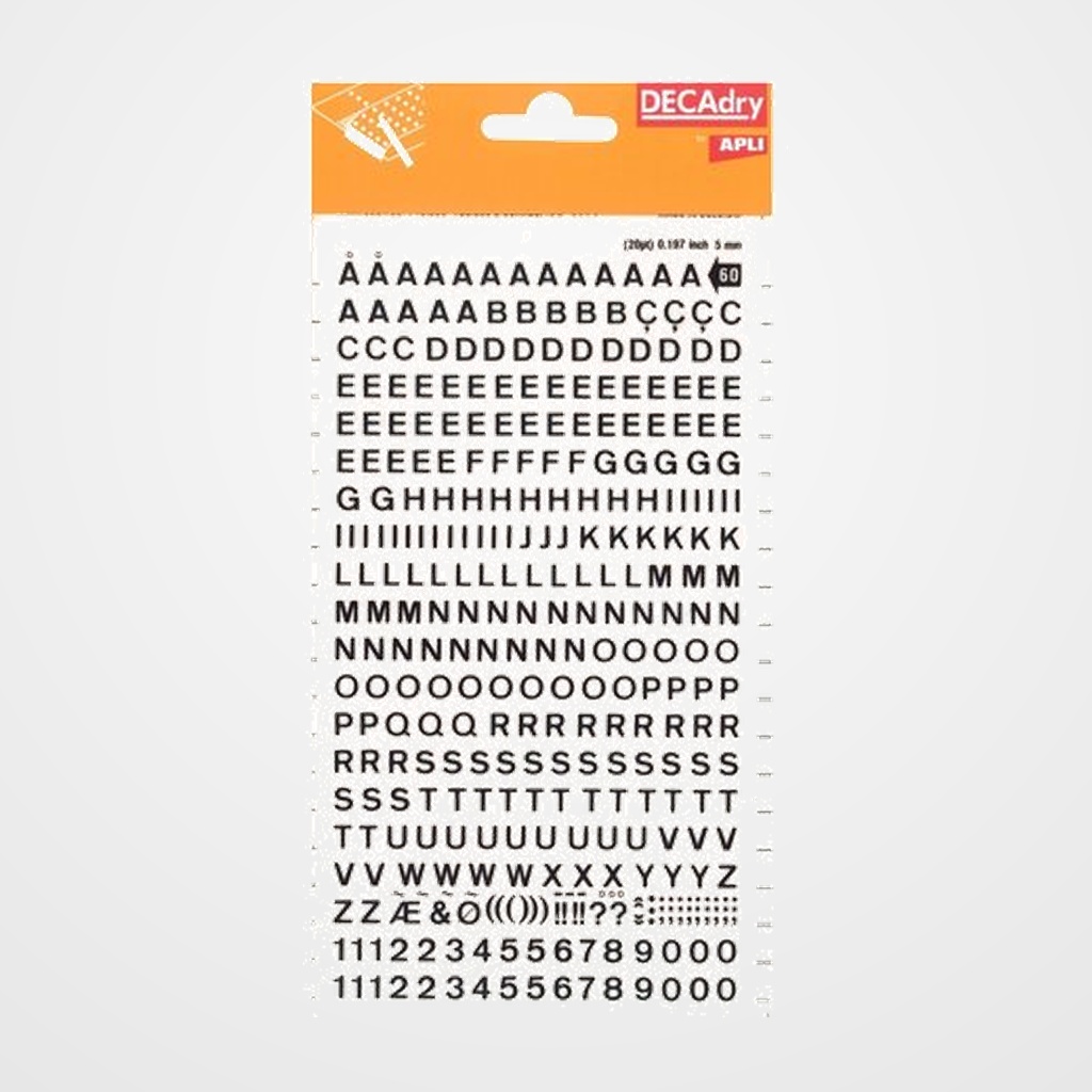 [16501712] TRANSFERIBLE APLI (sobre 1h) LETRAS&NUMEROS 5 mm. NEGRO