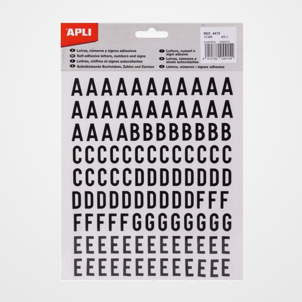 TRANSFERIBLE APLI (sobre 4h) HELVETICA LETRAS 15 mm. NEGRO