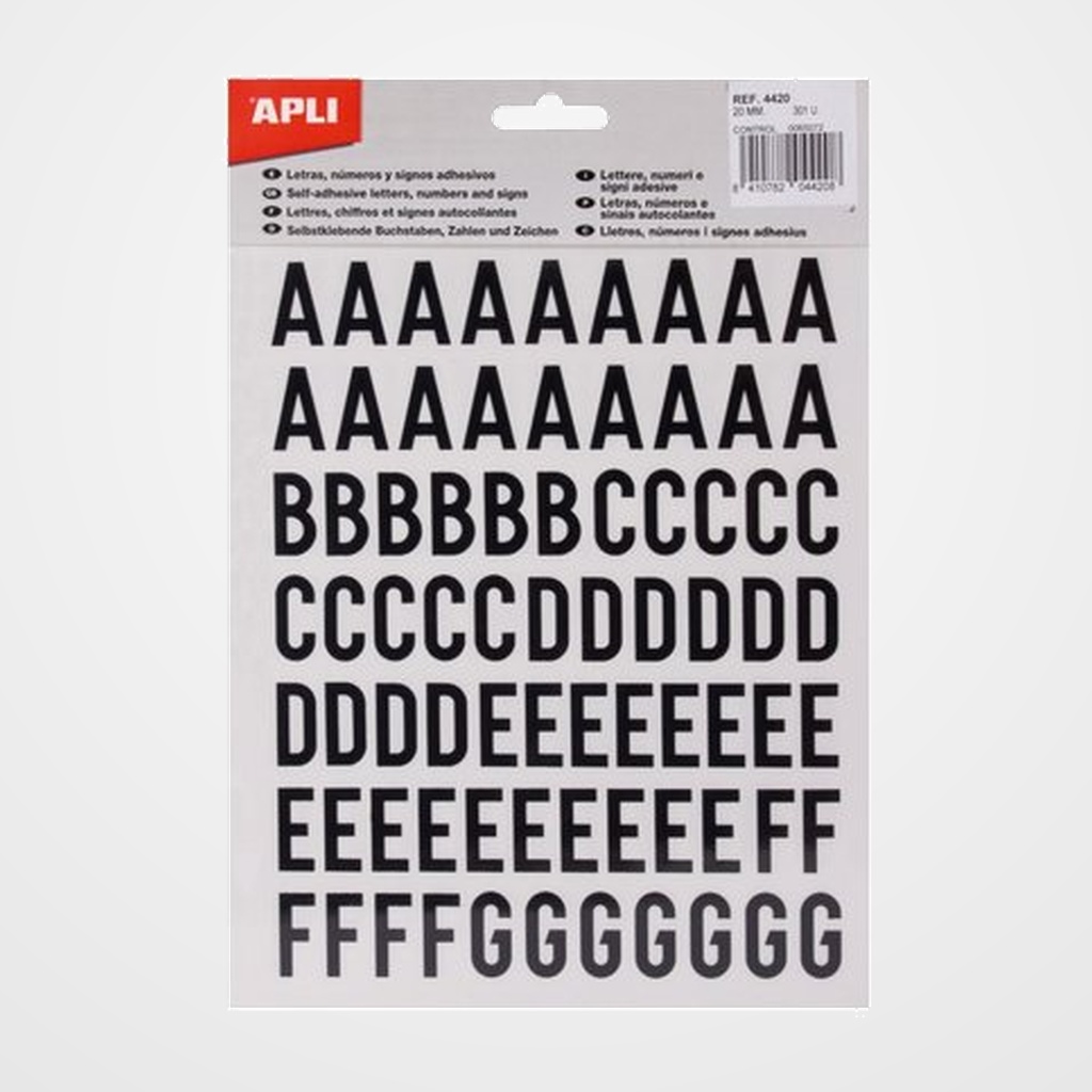 [16501105] TRANSFERIBLE APLI (sobre 4h) HELVETICA LETRAS 20 mm. NEGRO