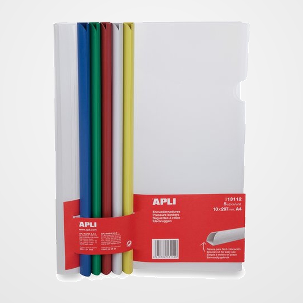 VARILLA para DOSIERES APLI A4 10mm COLORES SURTIDOS + FUNDAS BOLSA DE 5