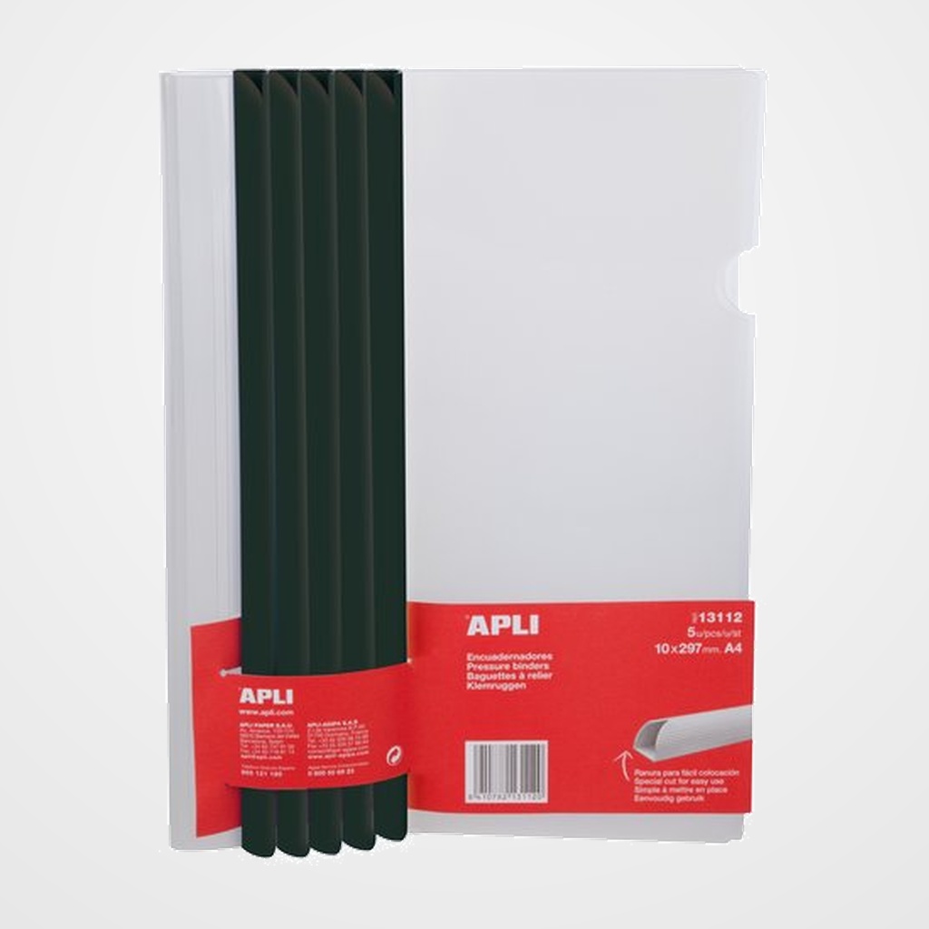 VARILLA para DOSIERES APLI A4 10mm NEGRO + FUNDAS BOLSA DE 5