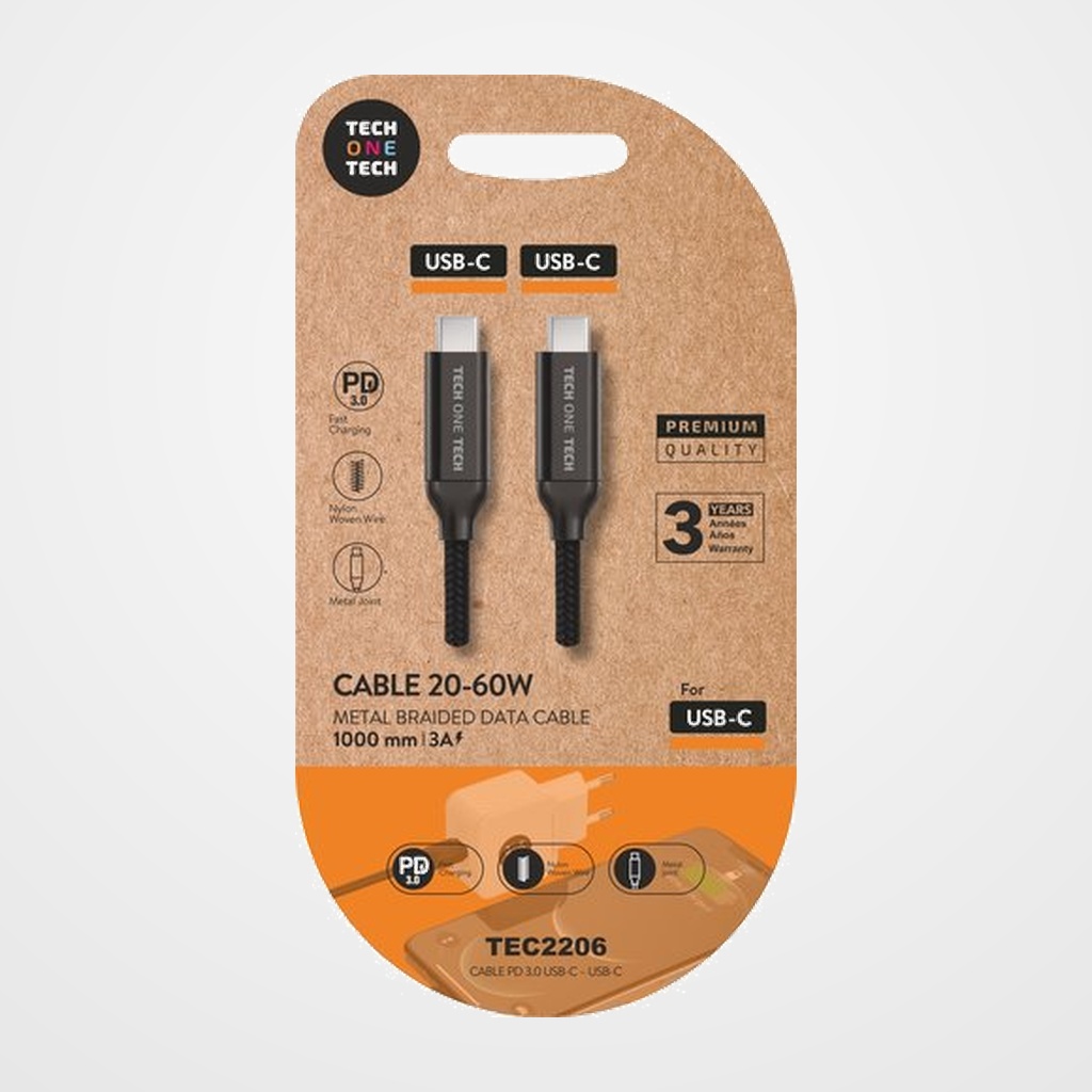 CABLE TECH-ONE-TECH USB-C-USB-C ALTO RENDIMIENTO 3A NEGRO 1 m.