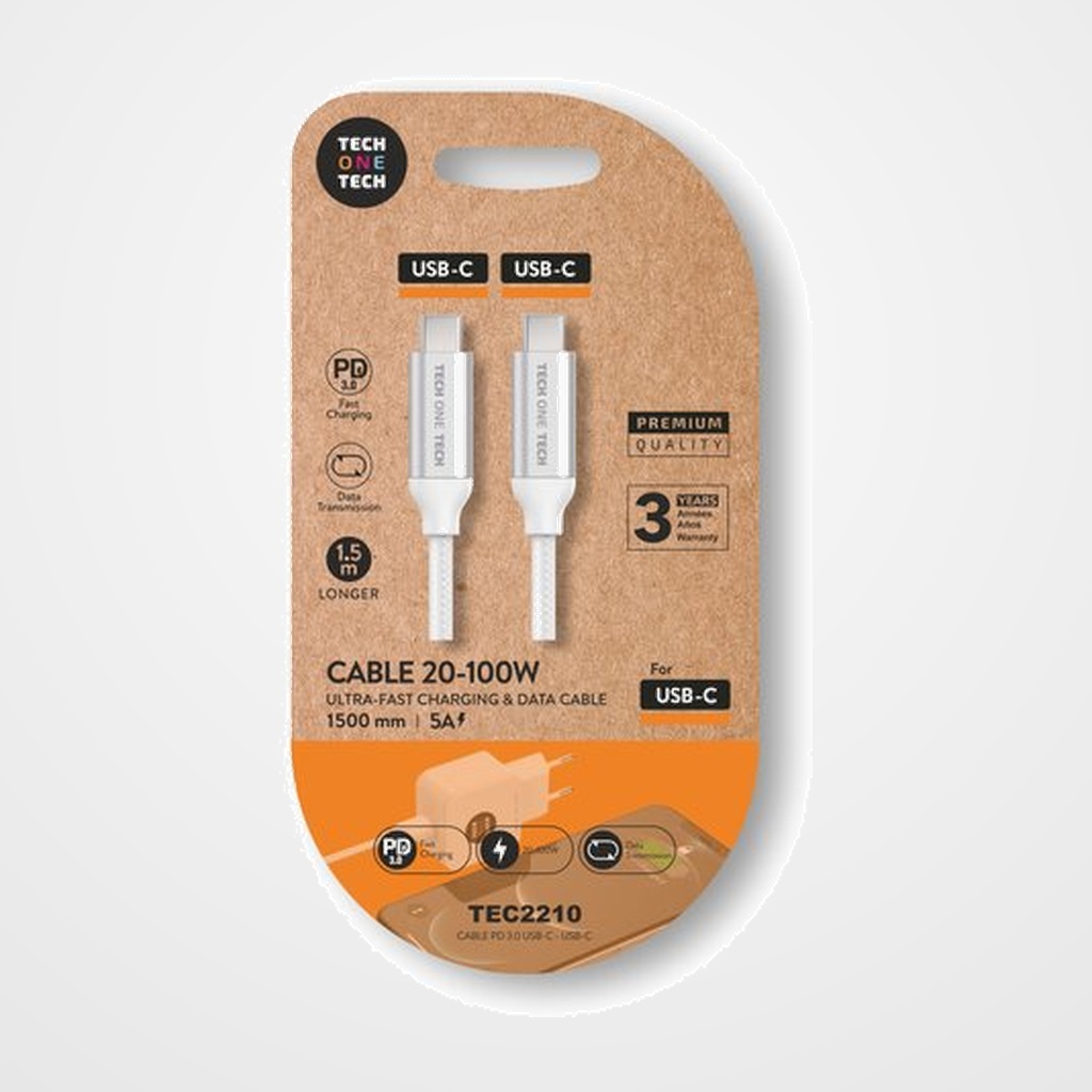 CABLE TECH-ONE-TECH USB-C-USB-C ALTO RENDIMIENTO 5A BLANCO 1.5 m.