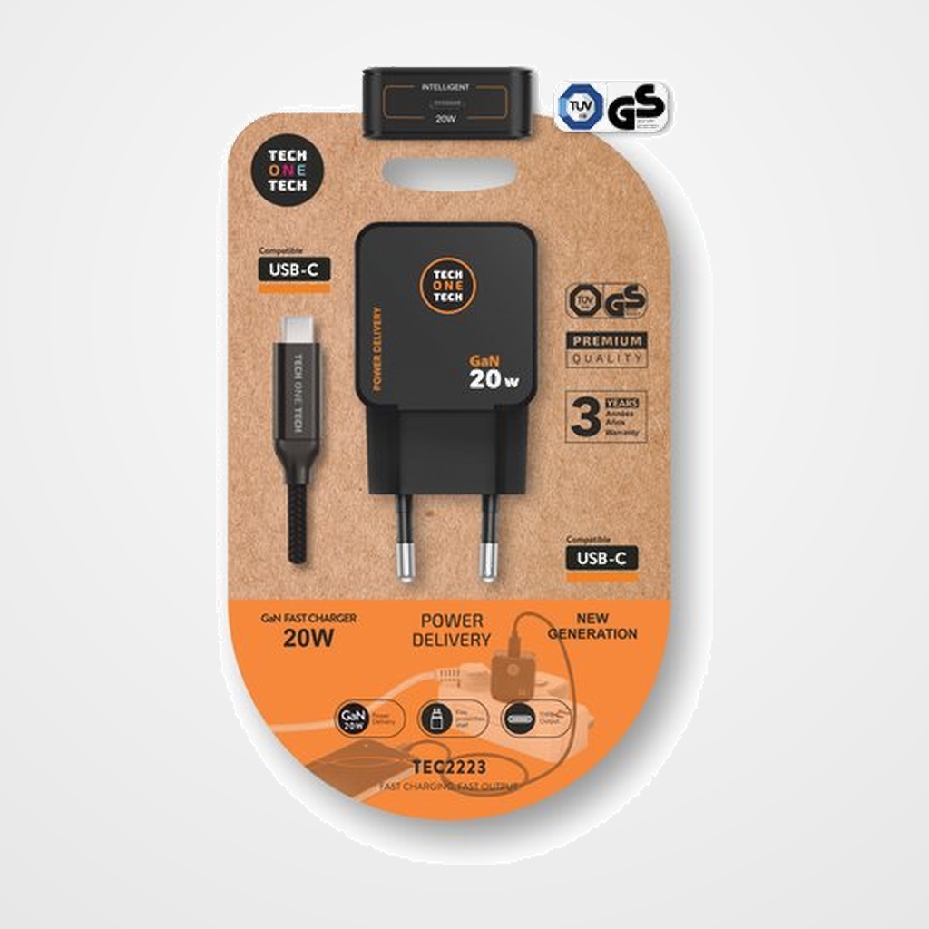 CARGADOR TECH-ONE-TECH PARED NEGRO USB-C 3.0 ULTRARRAPIDO GaN 20W + C.USB-C ALTO RENDIMIENTO 60W