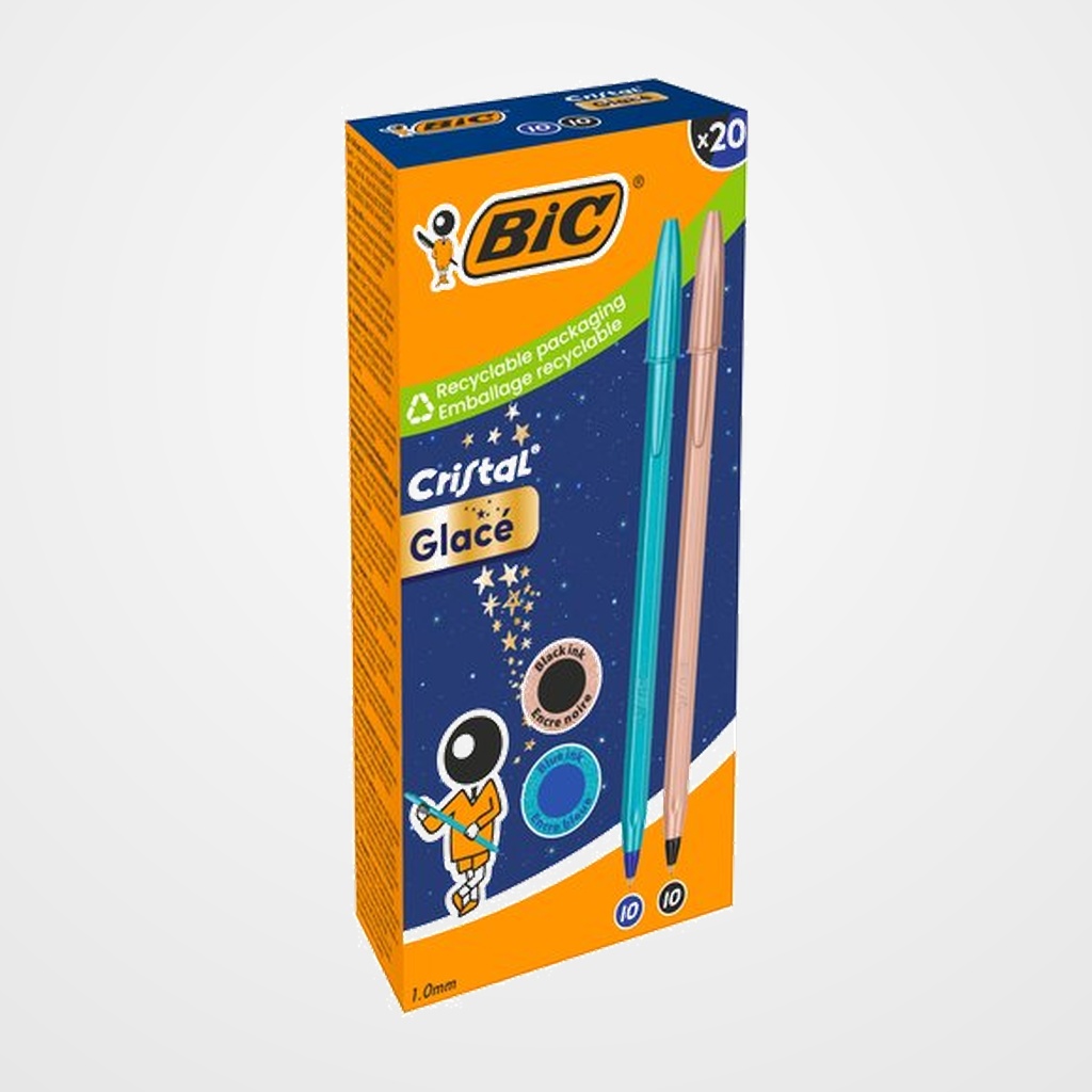 BOLIGRAFO BIC CRISTAL GLACE AZUL Y ORO ROSA (tinta mixta) CAJA de 20