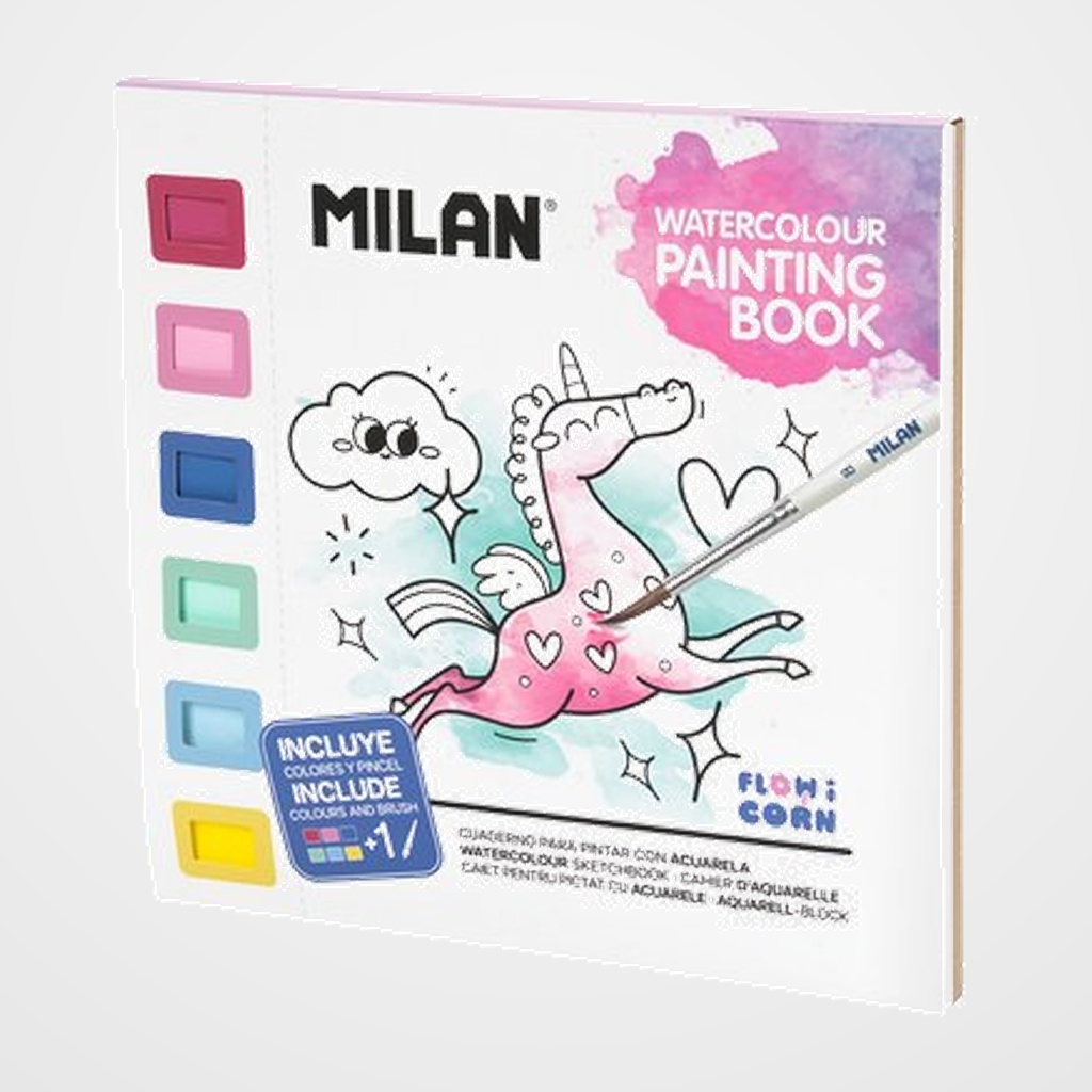 CUADERNO PARA COLOREAR MILAN 16h 230g con ACUARELA Y PINCEL FLOWICORN