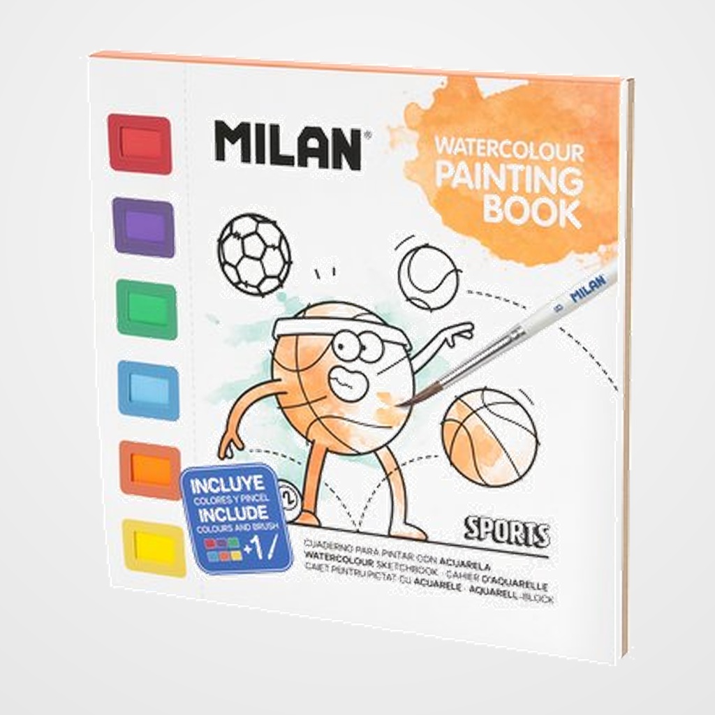 CUADERNO PARA COLOREAR MILAN 16h 230g con ACUARELA Y PINCEL SPORTS