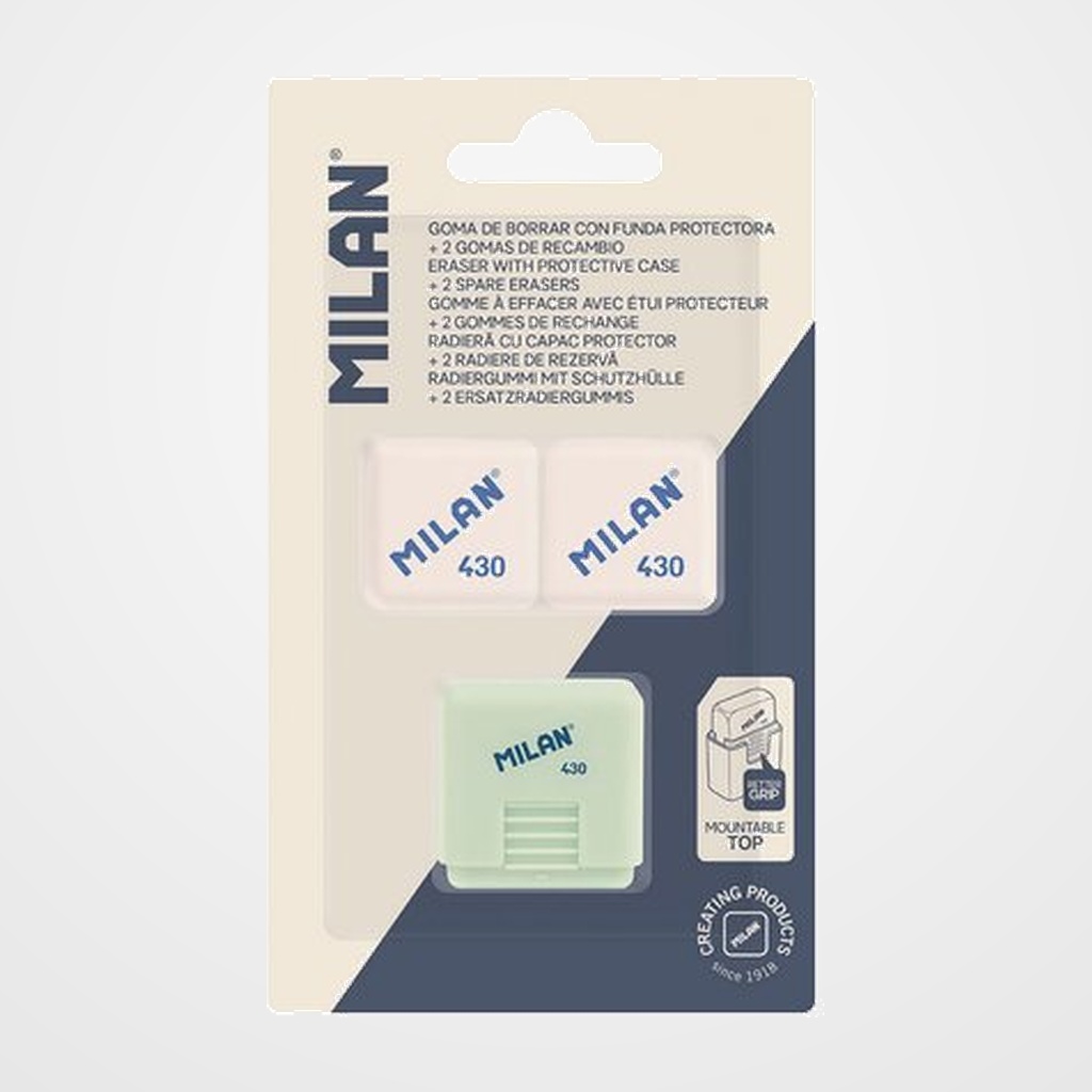 GOMA de BORRAR MILAN MIGA DE PAN 430 CUADRADA CON FUNDA SERIE 430 since 1918 BLISTER de 1 (+2 RECAMBIOS)