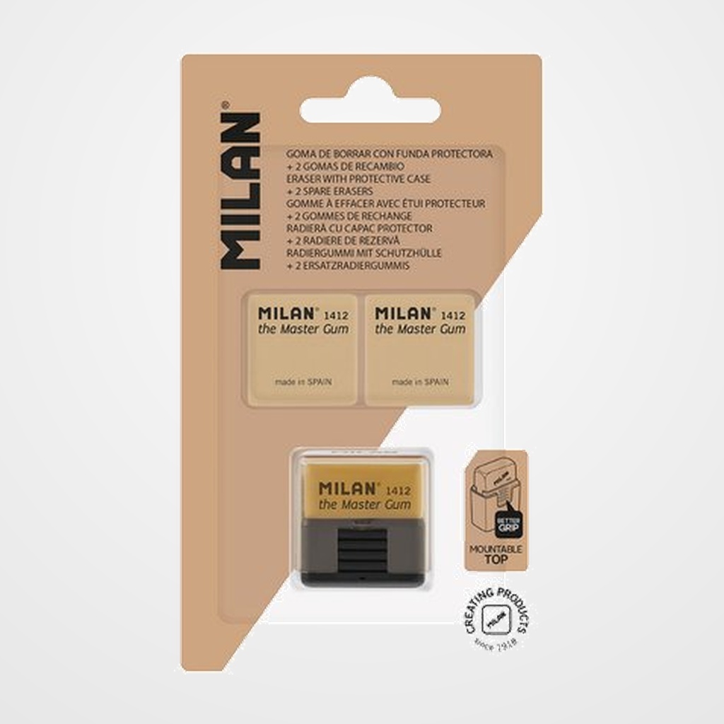 GOMA de BORRAR MILAN 1412 THE MASTER GUM con FUNDA PROTECTORA RIGIDA (especial Bellas Artes) BLISTER de 1 (+2 RECAMBIOS)