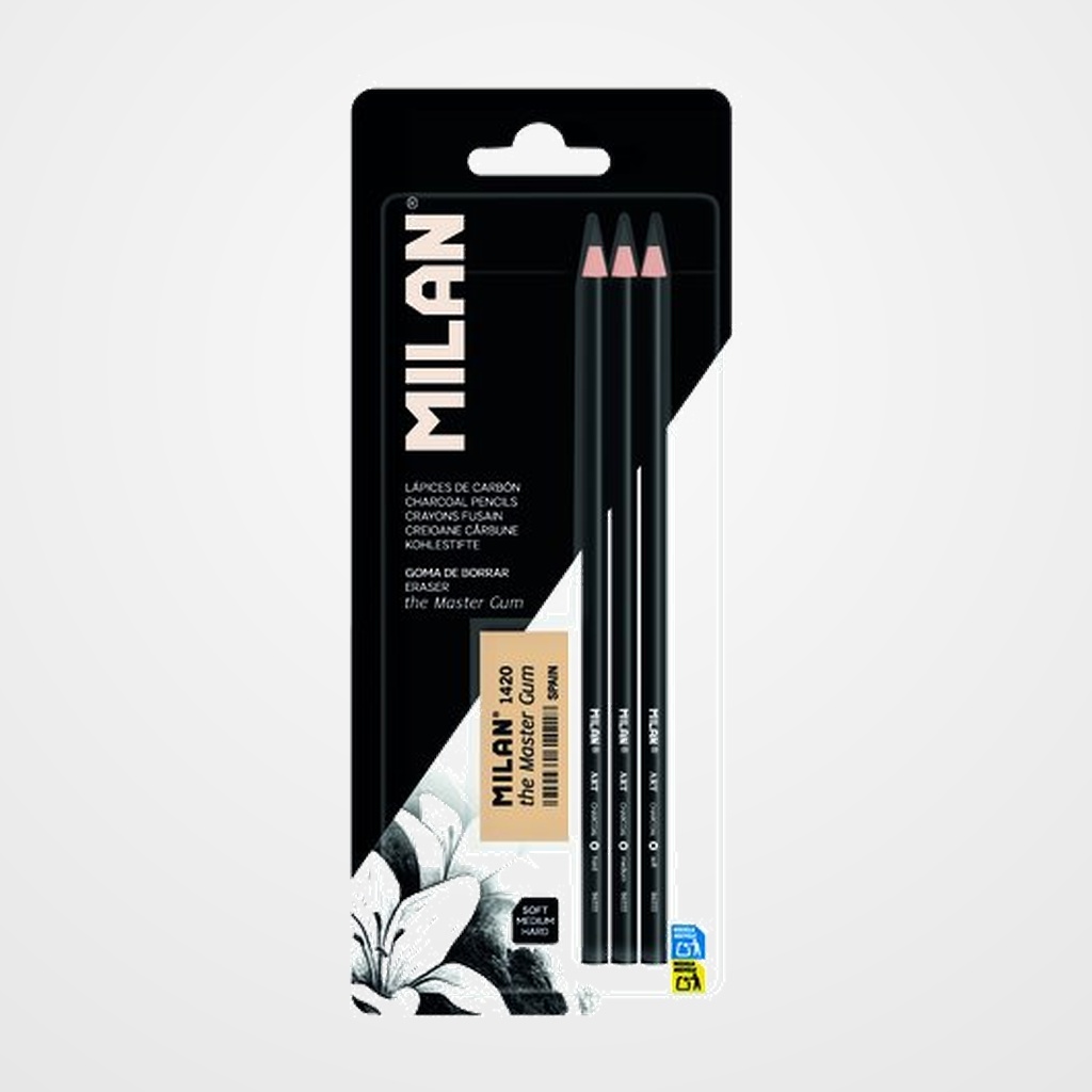 LAPICES de CARBONCILLO MILAN ART BLISTER de 3 con 1 GOMA THE MASTER GUM