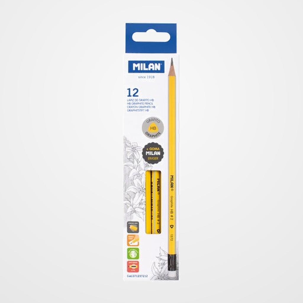 LAPIZ de GRAFITO MILAN con GOMA HB AMARILLO CAJA de 12