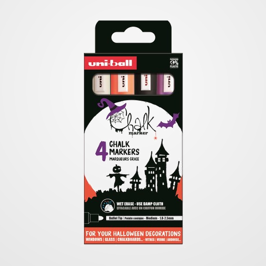 MARCADOR TIZA LIQUIDA UNI-BALL CHALK MARKER PWE 5M 4P 1,8-2,5 mm SURTIDO CAJA DE 4 HALLOWEEN