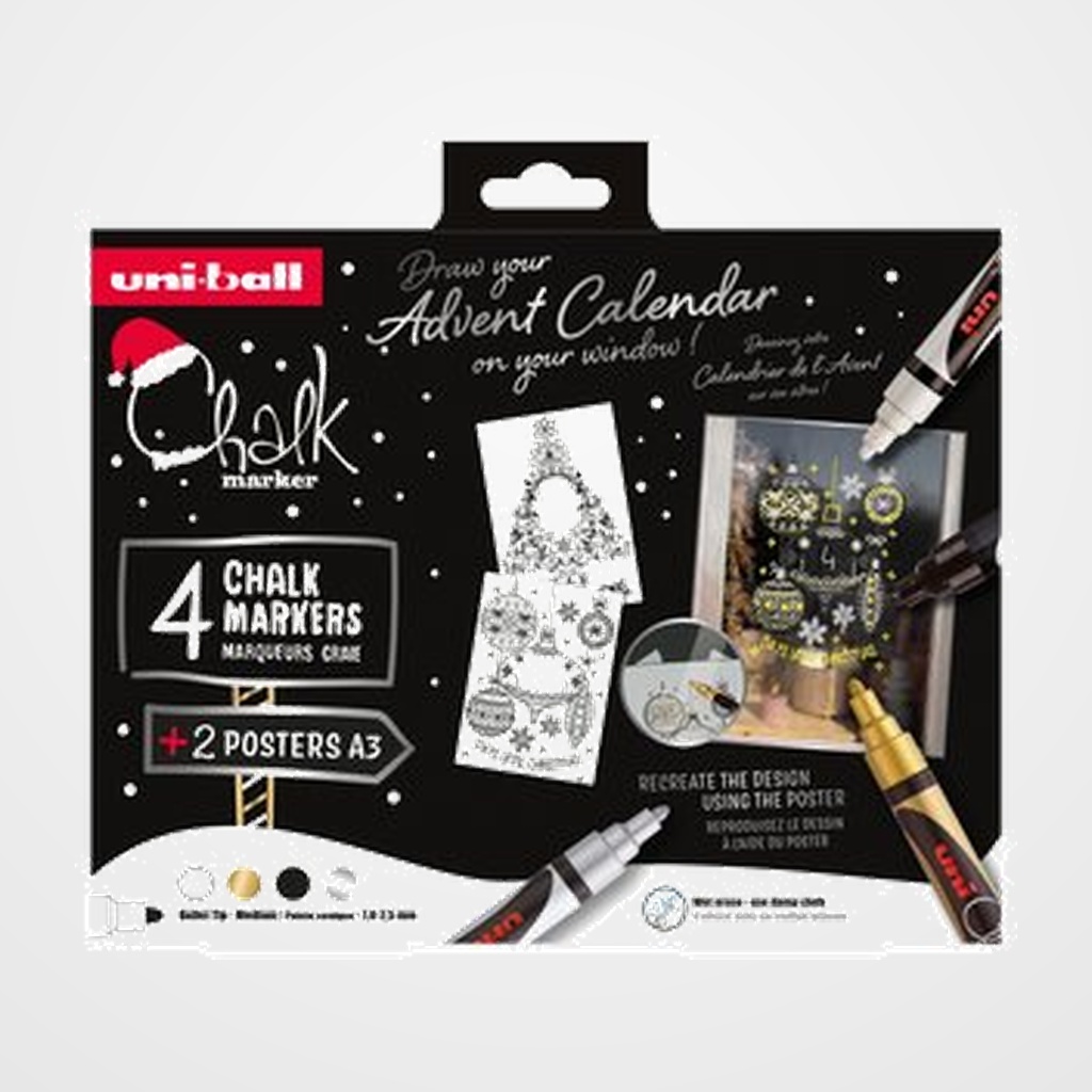 MARCADOR TIZA LIQUIDA UNI-BALL CHALK MARKER PWE-5M 1,8-2,5 mm ESTUCHE de 4 NAVIDAD