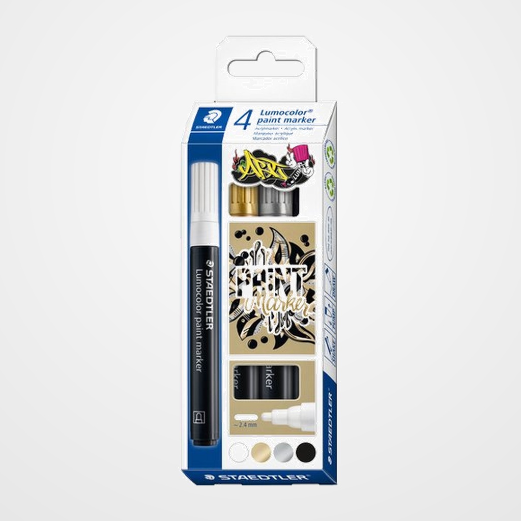ROTULADOR ACRILICO STAEDTLER 349 LUMOCOLOR PAINT PERMANENTE ESTUCHE DE 4 (blanco, negro, oro y plata)